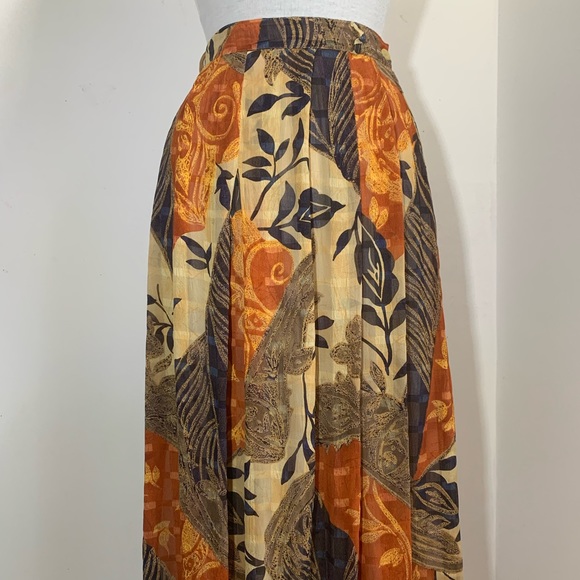 014 Libra Midi Skirt Pleated Vintage Lined Brown Orange Beige Mix Floral UK 12 - Picture 2 of 14
